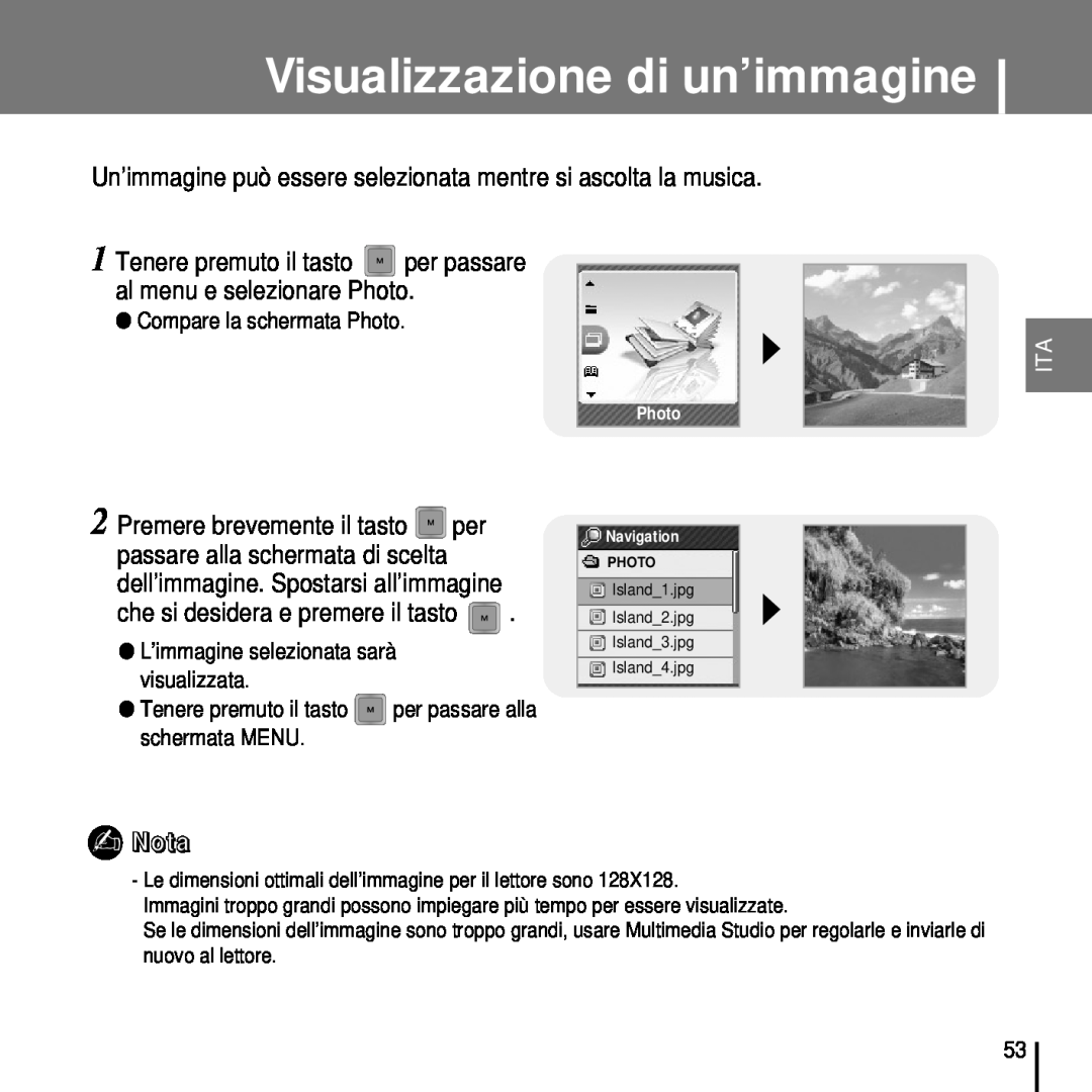 Samsung YP-T7FQS/ELS manual Visualizzazione di un’immagine, Un’immagine può essere selezionata mentre si ascolta la musica 