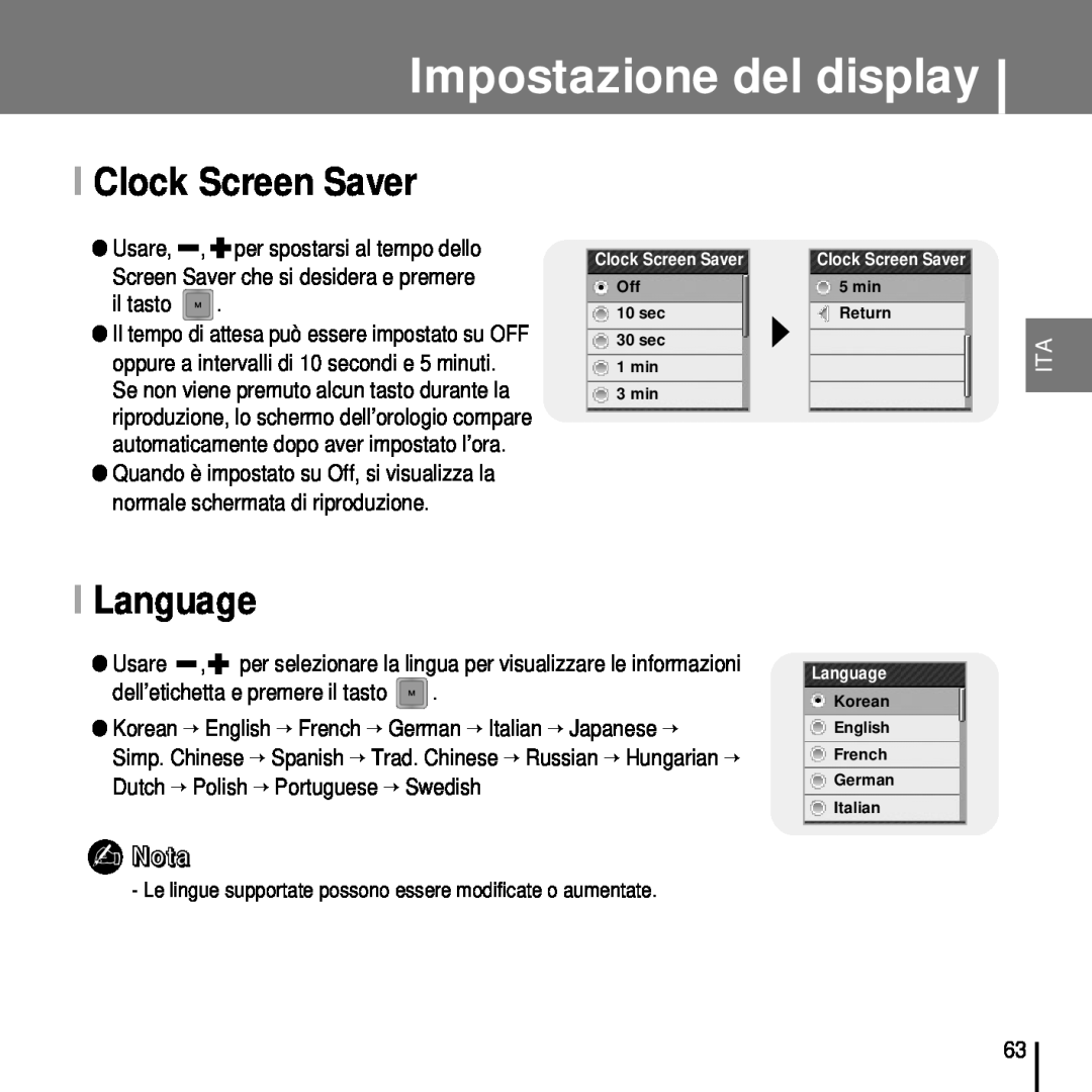 Samsung YP-T7FQS/ELS, YP-T7FQB/ELS, YP-T7FZS/ELS, YP-T7FZB/ELS Impostazione del display, I Clock Screen Saver, I Language 