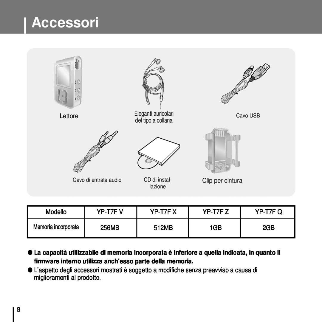 Samsung YP-T7FQS/ELS manual Accessori, Lettore, Clip per cintura, YP-T7F Z, 512MB, Eleganti auricolari, del tipo a collana 