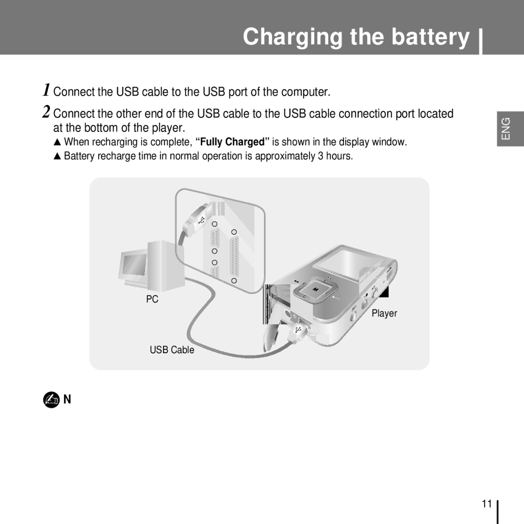 Samsung YP-T7FXS/ELS, YP-T7FQB/XEF, YP-T7FZS/XEF, YP-T7FXB/EDC, YP-T7FZS/EDC, YP-T7FXB/ELS, YP-T7FQB/ELS Charging the battery 