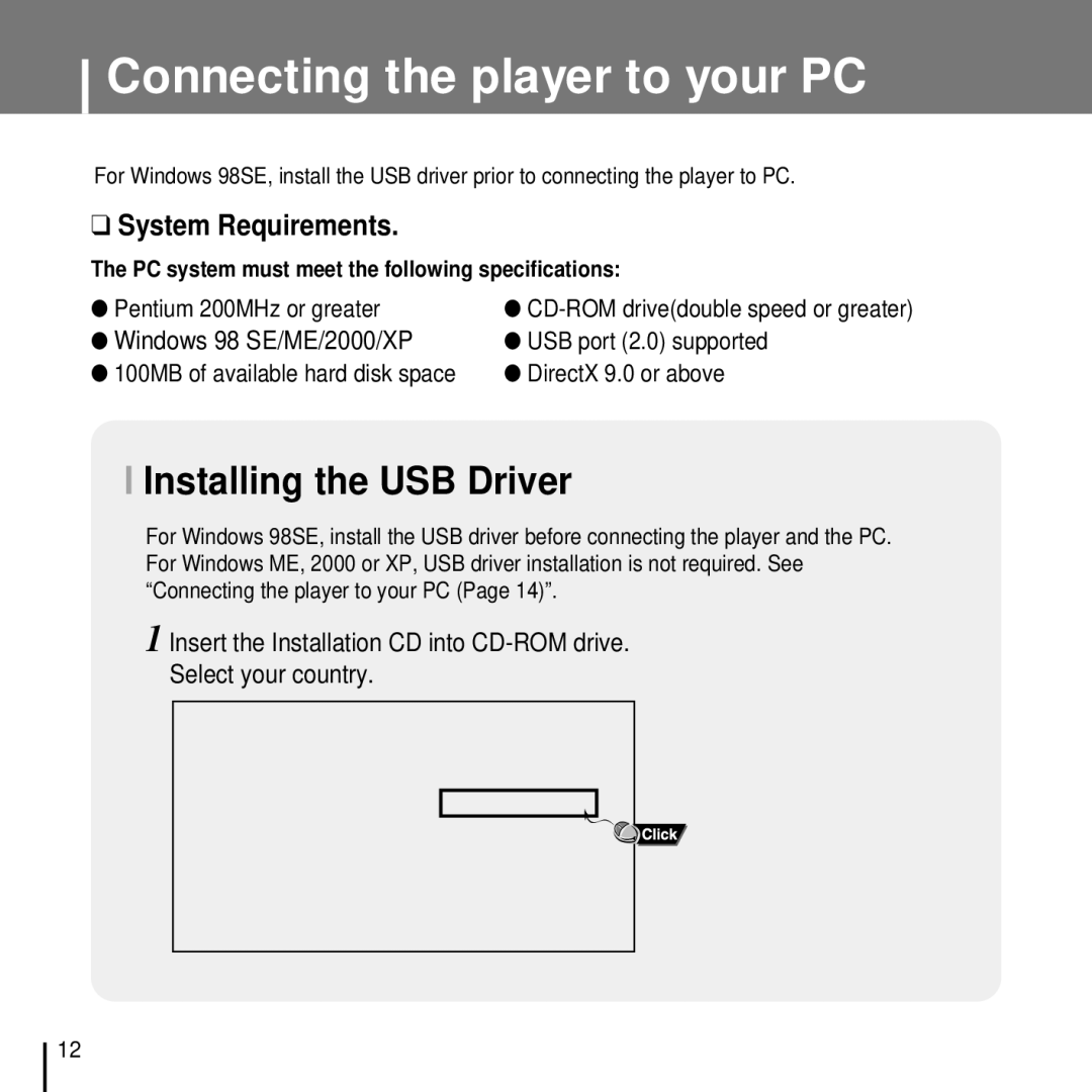 Samsung YP-T7FQB/XEF, YP-T7FZS/XEF, YP-T7FXB/EDC, YP-T7FZS/EDC Connecting the player to your PC, Windows 98 SE/ME/2000/XP 