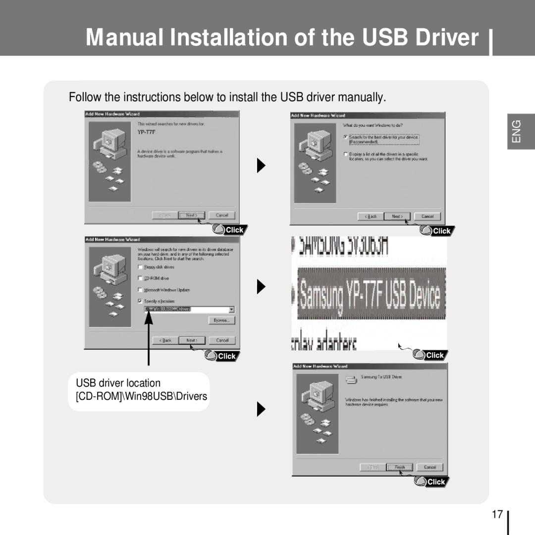 Samsung YP-T7FQB/ELS, YP-T7FQB/XEF, YP-T7FZS/XEF, YP-T7FXB/EDC, YP-T7FZS/EDC manual USB driver location CD-ROM\Win98USB\Drivers 