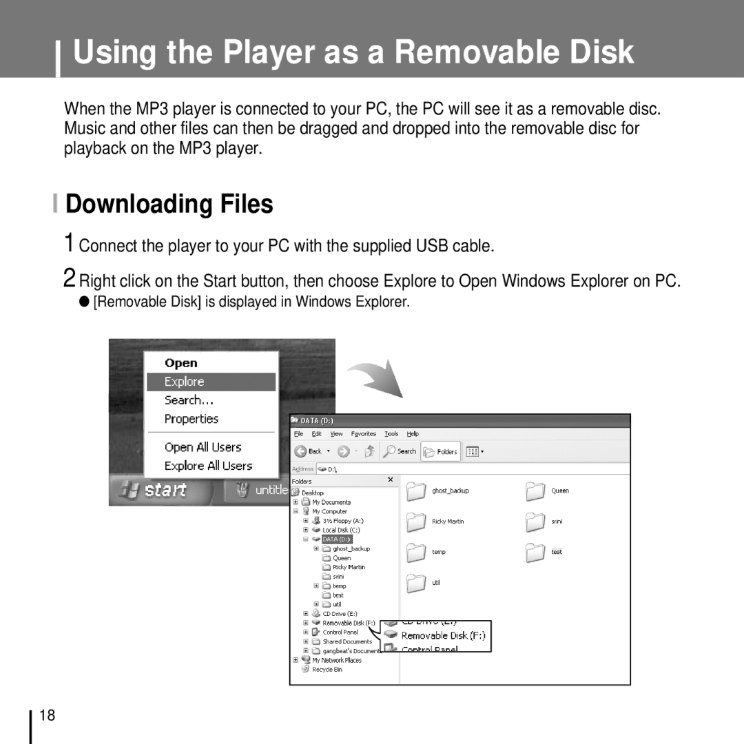 Samsung YP-T7FQB/EDC, YP-T7FQB/XEF, YP-T7FZS/XEF, YP-T7FXB/EDC manual Using the Player as a Removable Disk, Downloading Files 