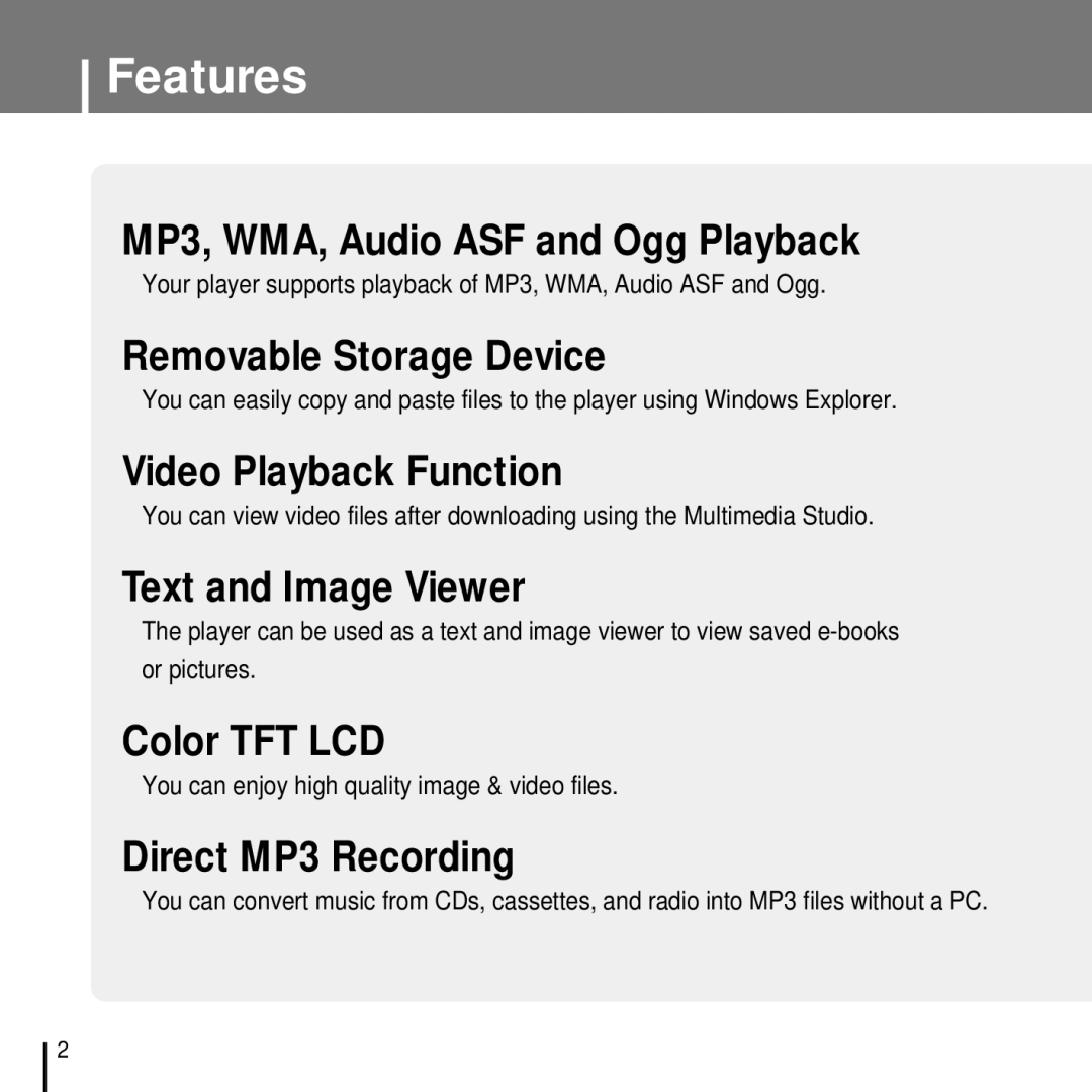 Samsung YP-T7FXB/EDC, YP-T7FQB/XEF, YP-T7FZS/XEF, YP-T7FZS/EDC manual Features, You can enjoy high quality image & video files 