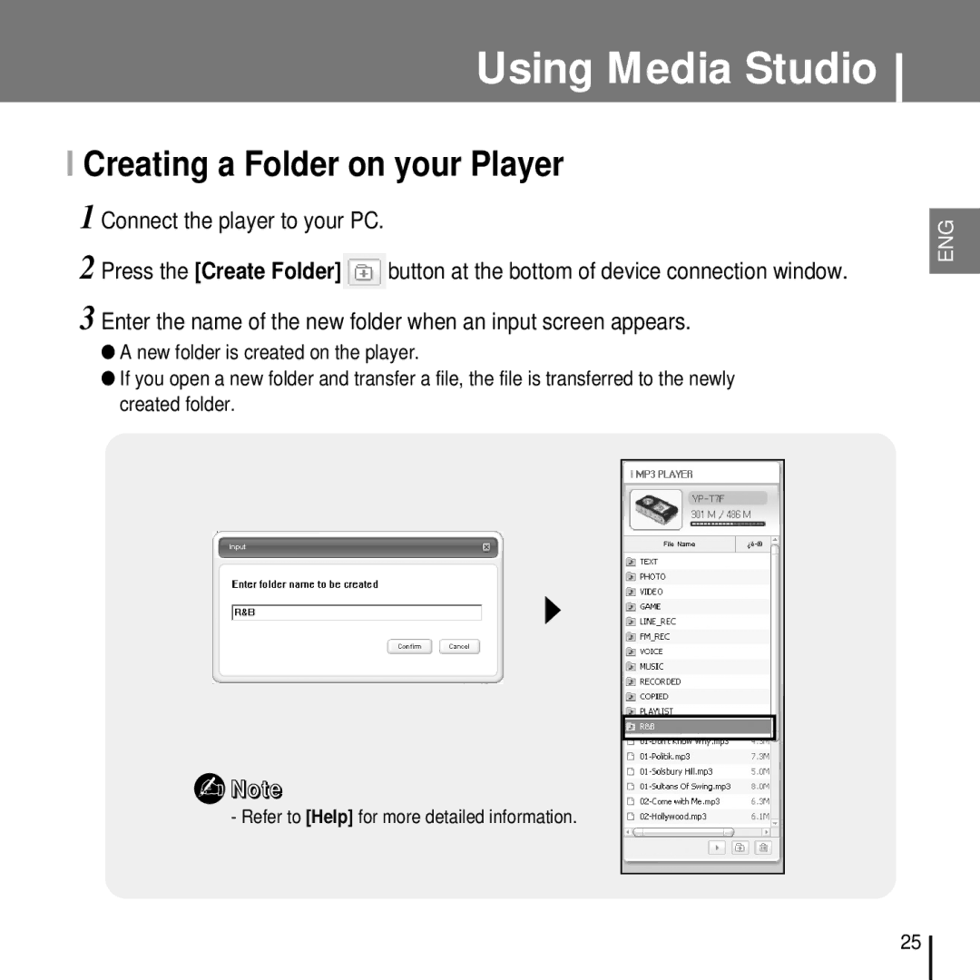 Samsung YP-T7FZS/XEF, YP-T7FQB/XEF, YP-T7FXB/EDC, YP-T7FZS/EDC, YP-T7FXB/ELS, YP-T7FQB/ELS Creating a Folder on your Player 