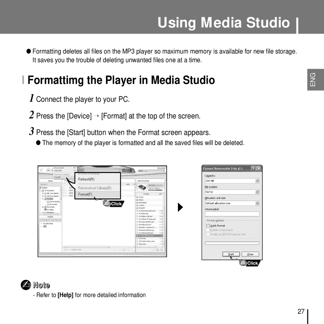 Samsung YP-T7FZS/EDC, YP-T7FQB/XEF, YP-T7FZS/XEF, YP-T7FXB/EDC, YP-T7FXB/ELS manual Formattimg the Player in Media Studio 