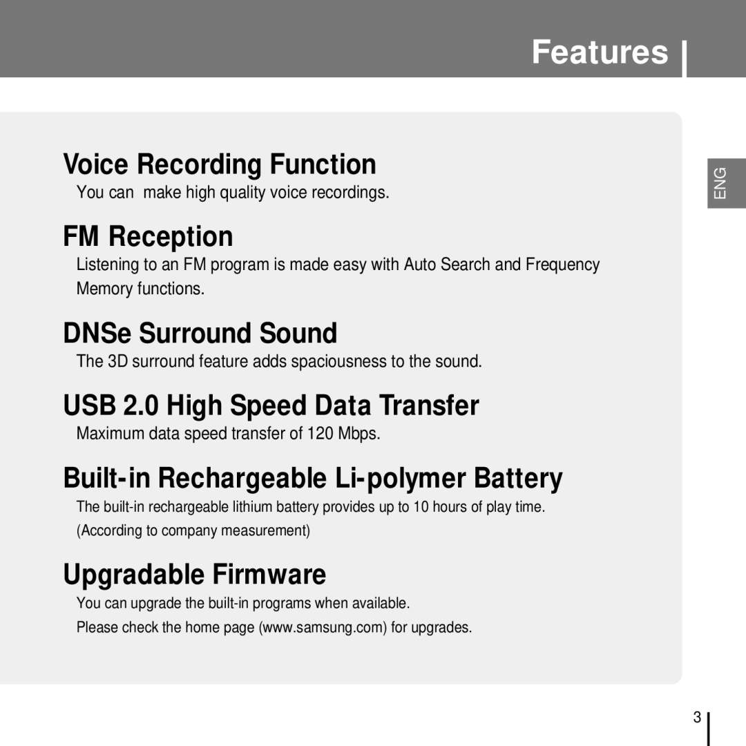 Samsung YP-T7FZS/EDC manual You can make high quality voice recordings, 3D surround feature adds spaciousness to the sound 