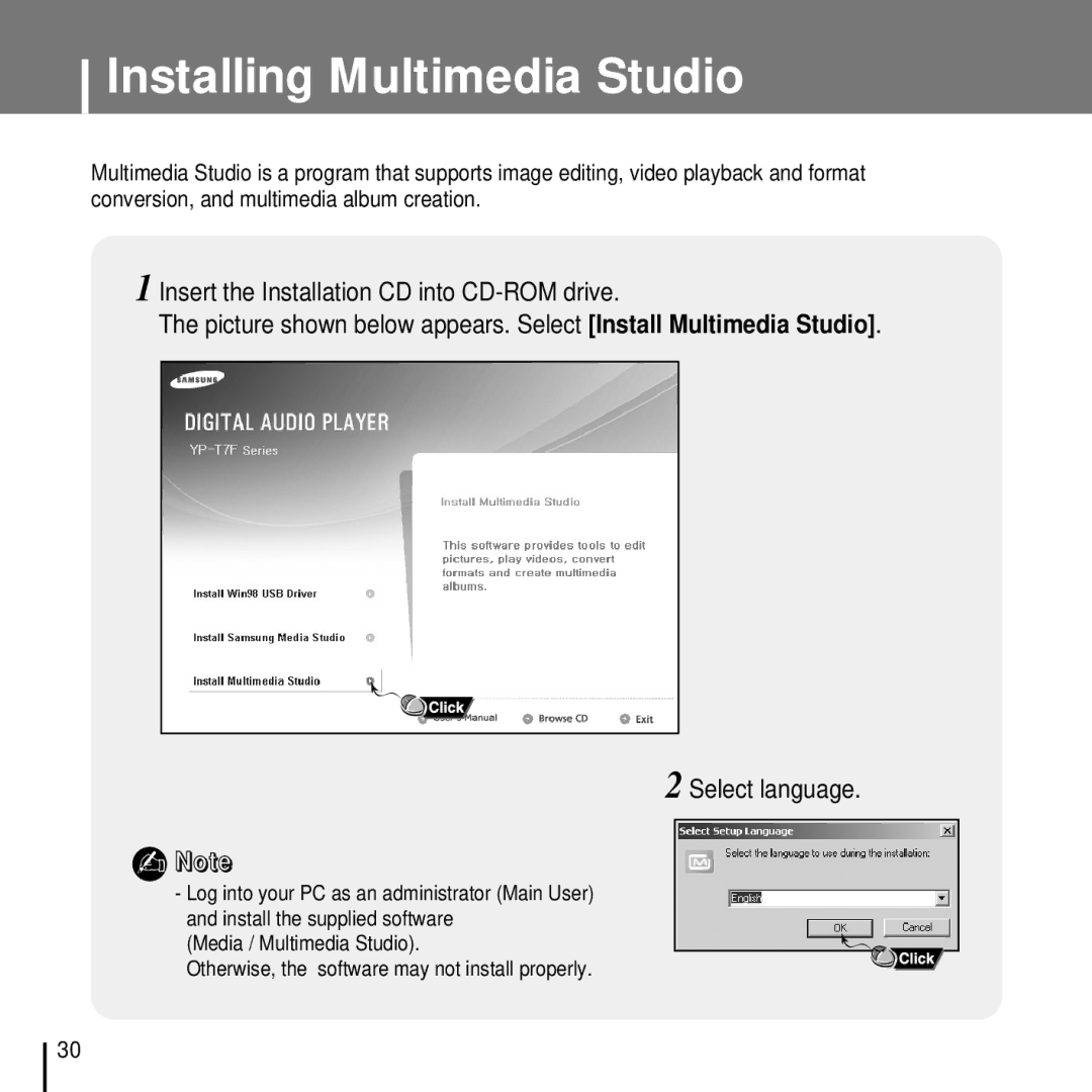 Samsung YP-T7FQB/EDC, YP-T7FQB/XEF, YP-T7FZS/XEF, YP-T7FXB/EDC, YP-T7FZS/EDC, YP-T7FXB/ELS manual Installing Multimedia Studio 