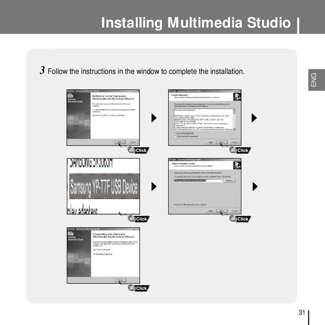 Samsung YP-T7FZS/ELS, YP-T7FQB/XEF, YP-T7FZS/XEF, YP-T7FXB/EDC, YP-T7FZS/EDC, YP-T7FXB/ELS manual Installing Multimedia Studio 