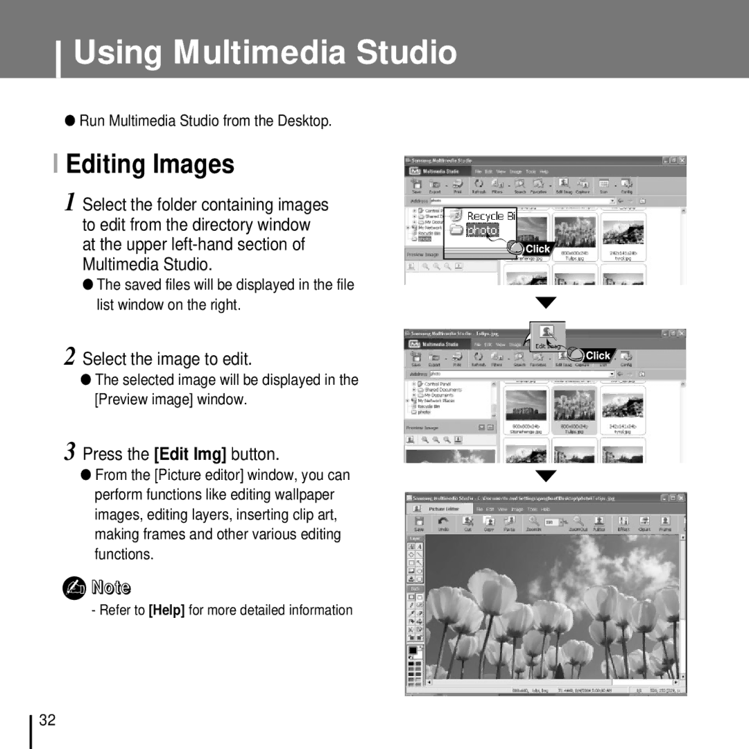 Samsung YP-T7FZB/ELS manual Using Multimedia Studio, Editing Images, Select the image to edit, Press the Edit Img button 