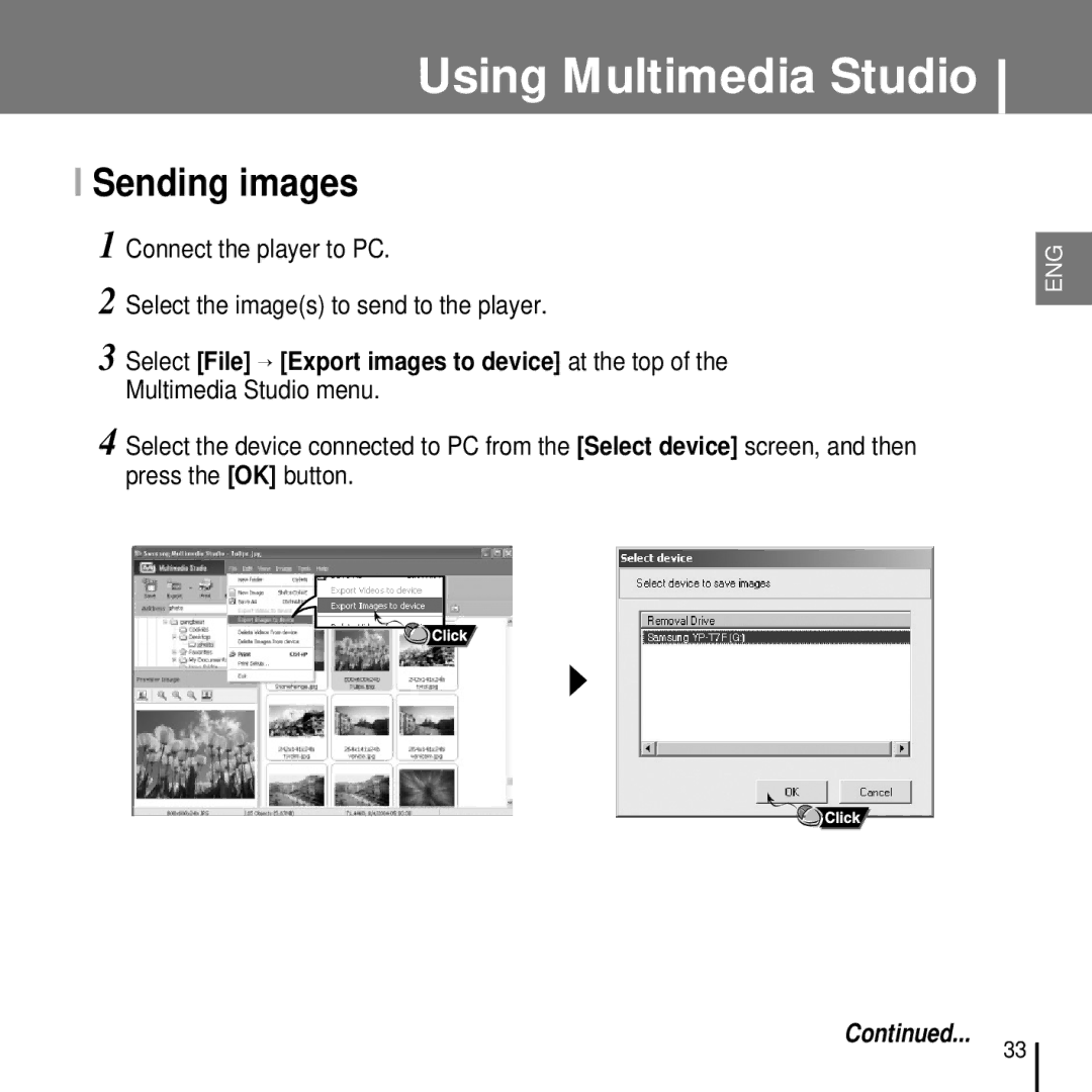 Samsung YP-T7FQS/ELS, YP-T7FQB/XEF, YP-T7FZS/XEF, YP-T7FXB/EDC, YP-T7FZS/EDC, YP-T7FXB/ELS, YP-T7FQB/ELS manual Sending images 