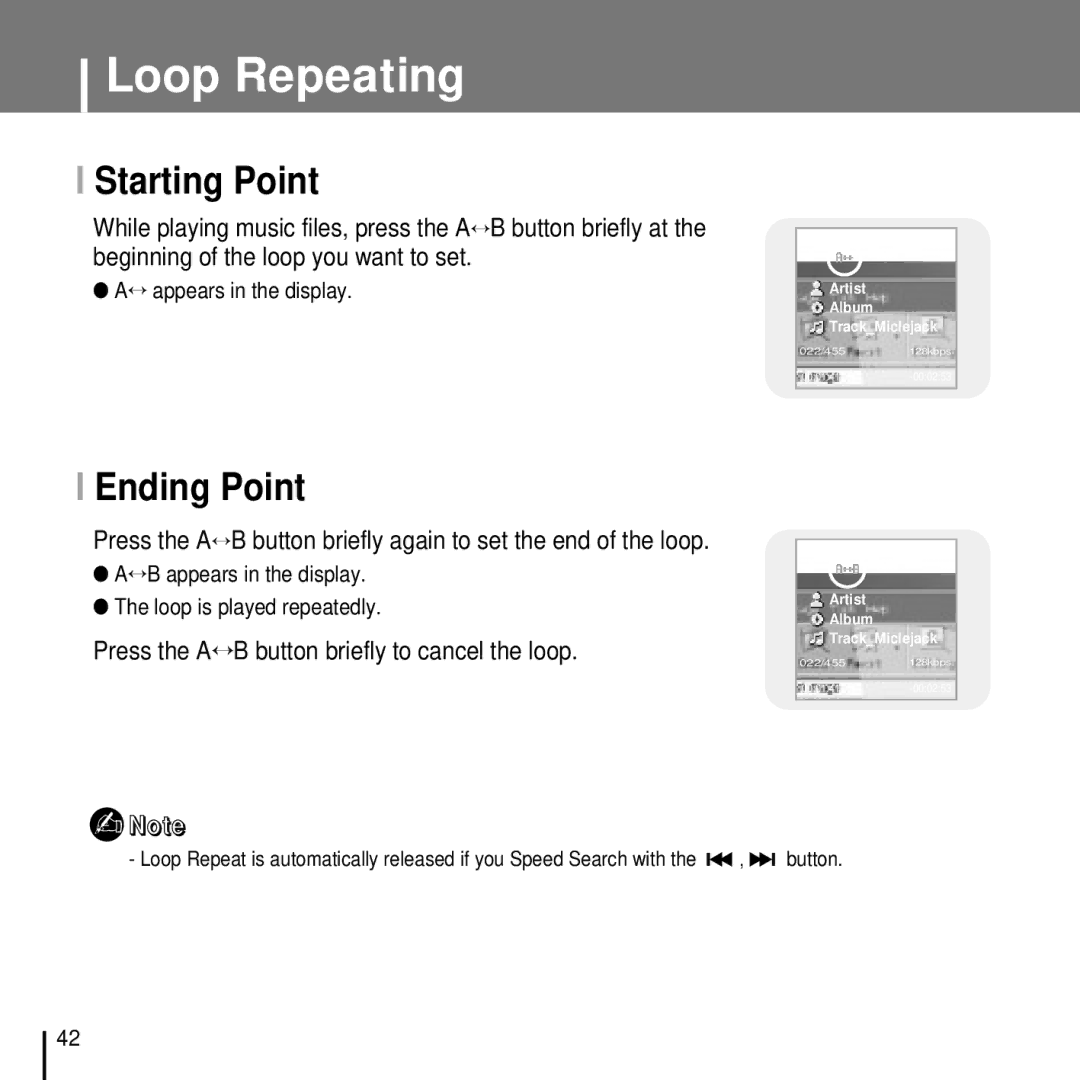 Samsung YP-T7FQB/EDC manual Loop Repeating, Starting Point, Ending Point, Press the A↔ B button briefly to cancel the loop 