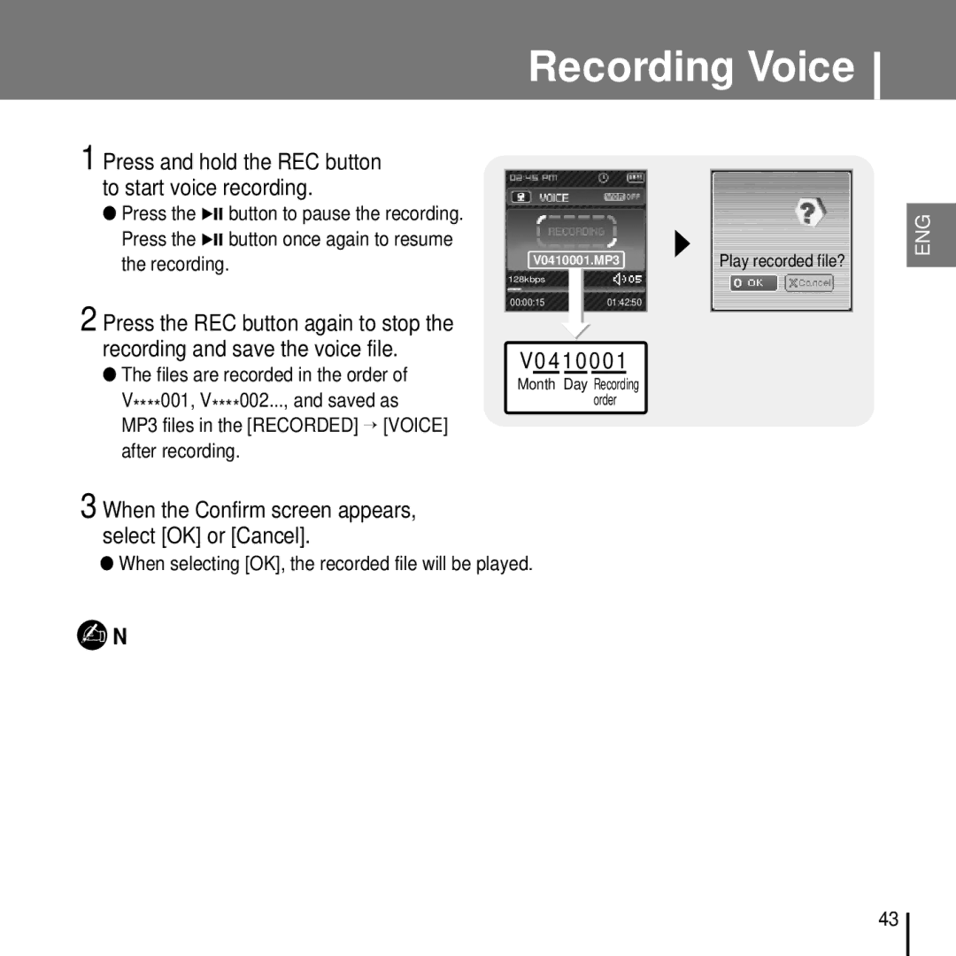 Samsung YP-T7FZS/ELS, YP-T7FQB/XEF manual Recording Voice, V04 10, When the Confirm screen appears, select OK or Cancel 