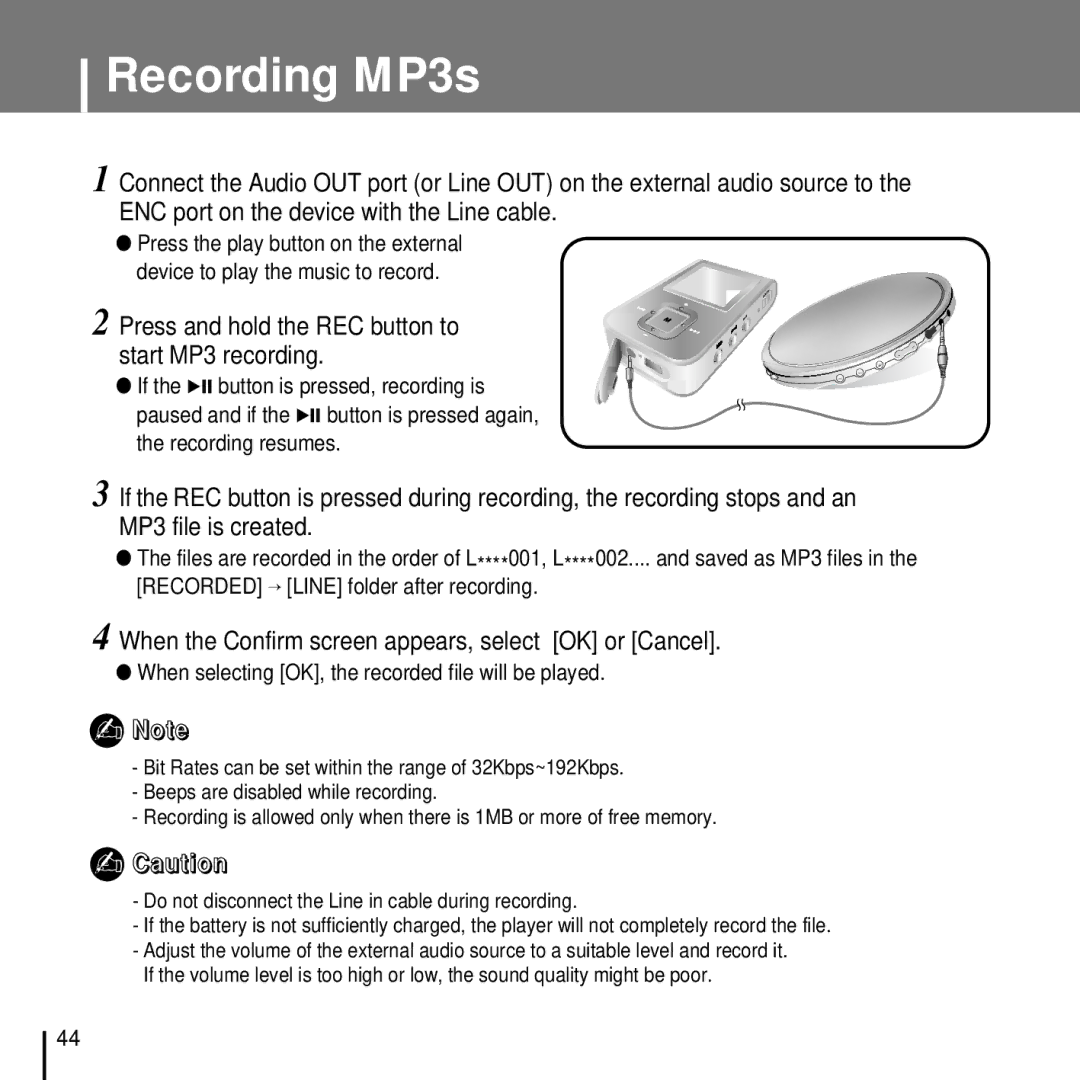 Samsung YP-T7FZB/ELS, YP-T7FQB/XEF, YP-T7FZS/XEF manual Recording MP3s, Press and hold the REC button to start MP3 recording 