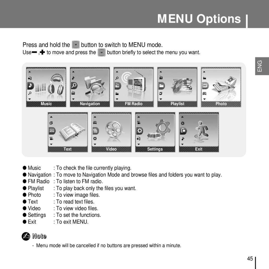 Samsung YP-T7FQS/ELS, YP-T7FQB/XEF, YP-T7FZS/XEF manual Menu Options, Press and hold the button to switch to Menu mode 