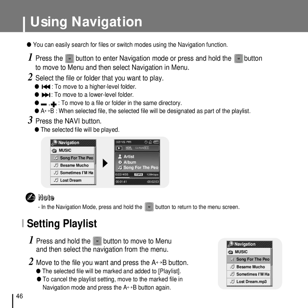 Samsung YP-T7FZS/XET, YP-T7FQB/XEF, YP-T7FZS/XEF, YP-T7FXB/EDC Using Navigation, Setting Playlist, Press the Navi button 