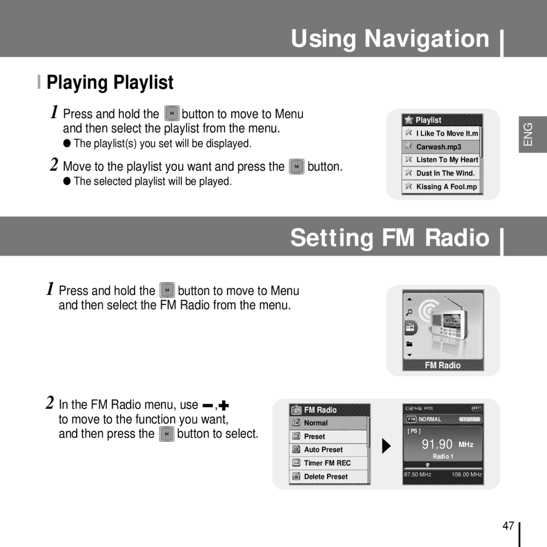 Samsung YP-T7FXS/ELS, YP-T7FQB/XEF Setting FM Radio, Playing Playlist, Move to the playlist you want and press the button 