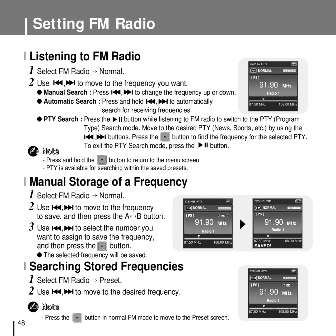 Samsung YP-T7FQB/XEF, YP-T7FZS/XEF manual Listening to FM Radio, Manual Storage of a Frequency, Searching Stored Frequencies 