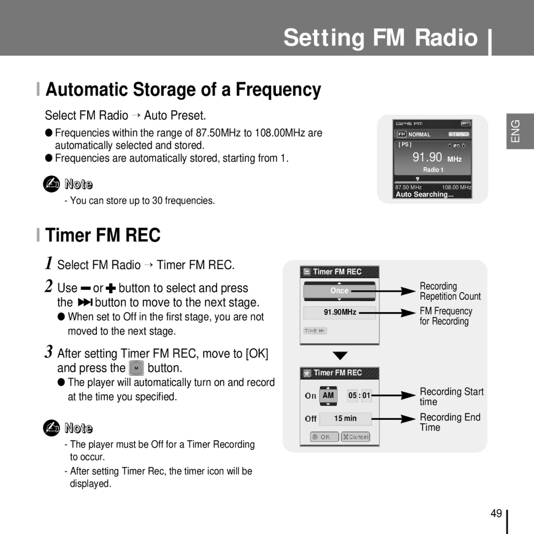 Samsung YP-T7FZS/XEF, YP-T7FQB/XEF manual Automatic Storage of a Frequency, Timer FM REC, Select FM Radio → Auto Preset 