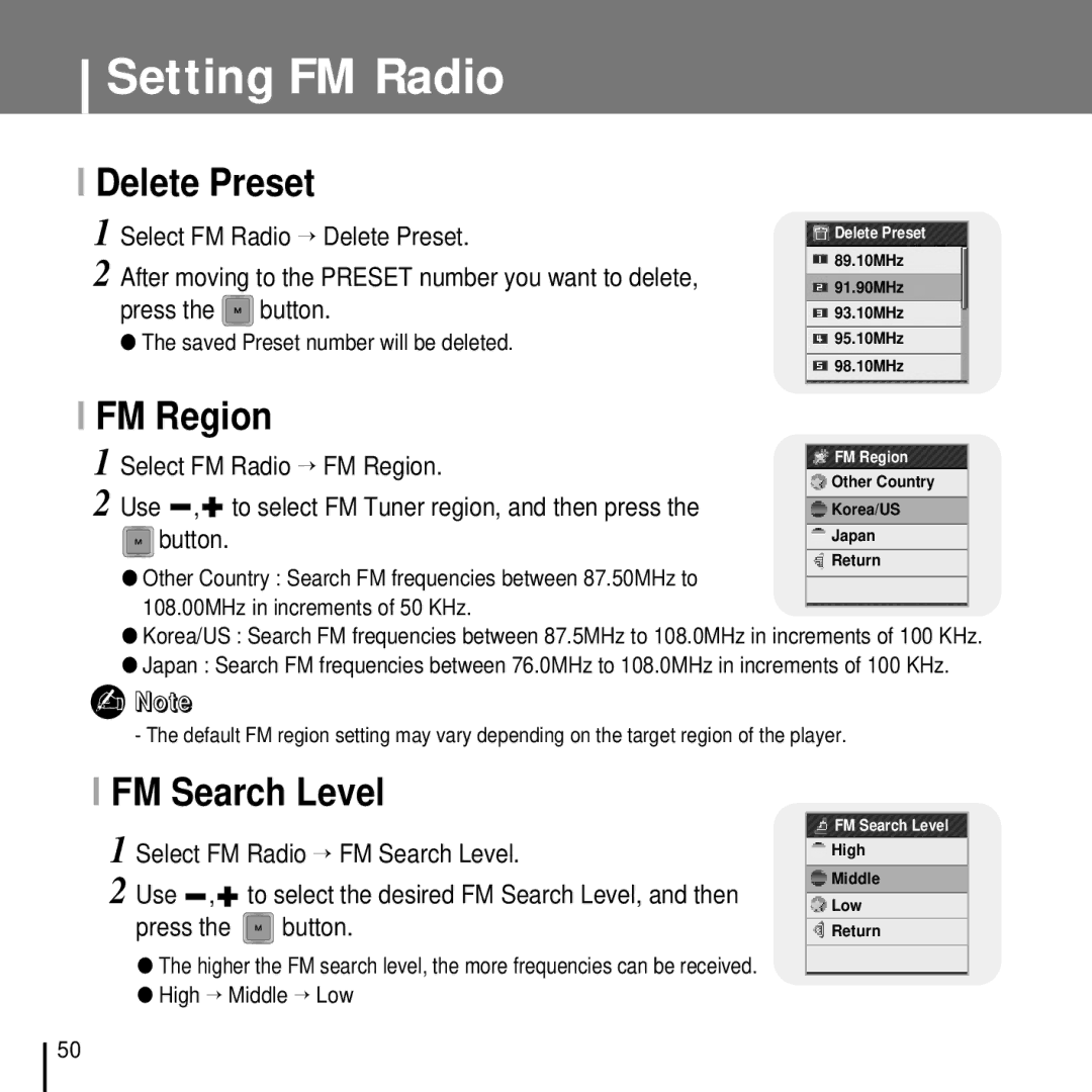 Samsung YP-T7FXB/EDC, YP-T7FQB/XEF, YP-T7FZS/XEF, YP-T7FZS/EDC, YP-T7FXB/ELS manual Delete Preset, FM Region, FM Search Level 