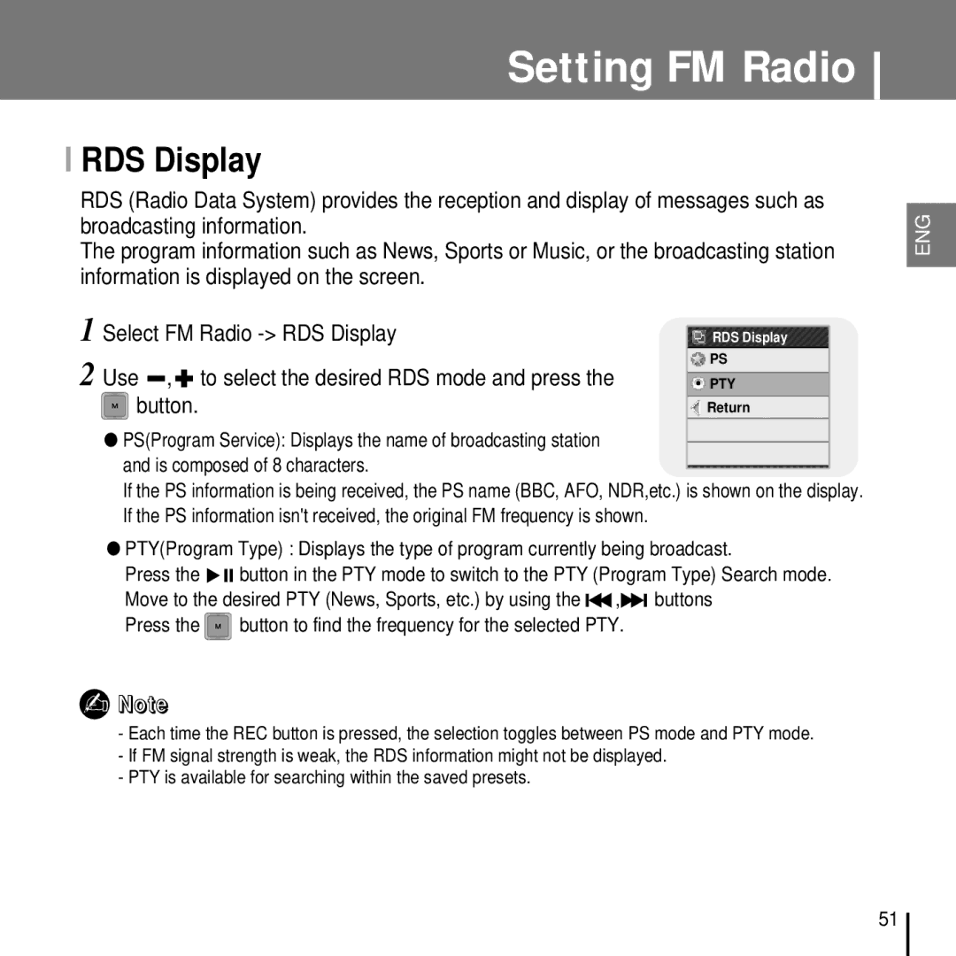 Samsung YP-T7FZS/EDC, YP-T7FQB/XEF, YP-T7FZS/XEF, YP-T7FXB/EDC RDS Display, Use To select the desired RDS mode and press 