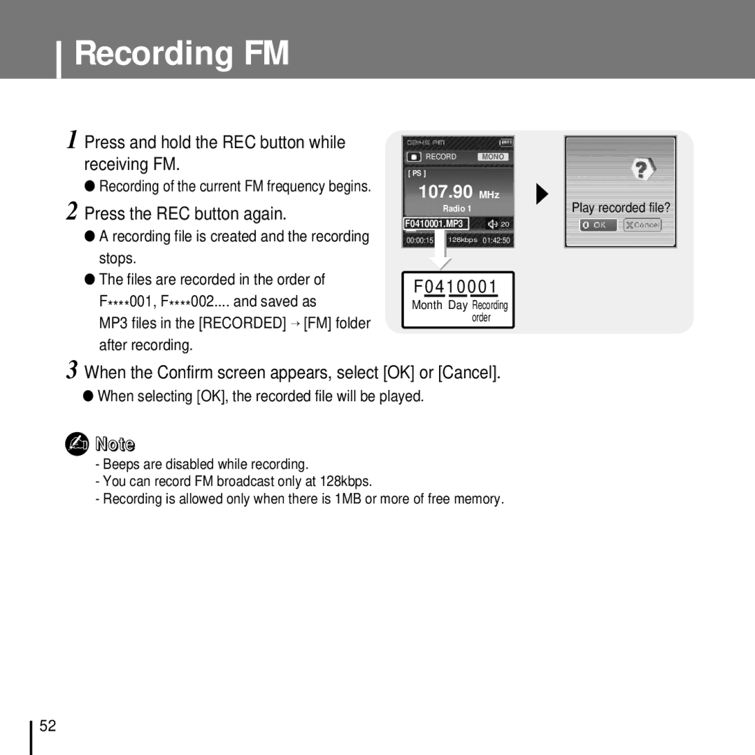 Samsung YP-T7FXB/ELS Recording FM, Press and hold the REC button while Receiving FM, Press the REC button again, 04 10 