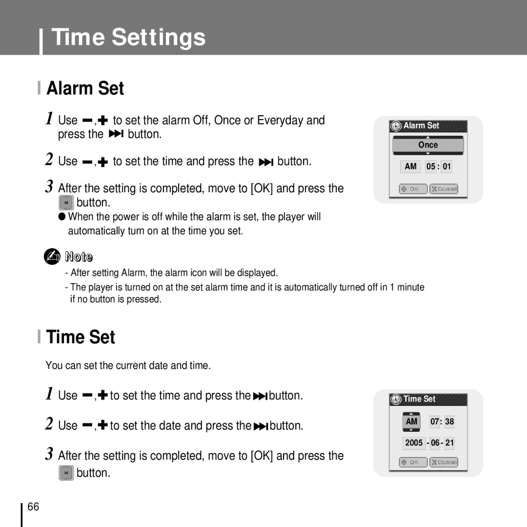 Samsung YP-T7FQB/EDC, YP-T7FQB/XEF, YP-T7FZS/XEF, YP-T7FXB/EDC, YP-T7FZS/EDC, YP-T7FXB/ELS, YP-T7FQB/ELS Alarm Set, Time Set 