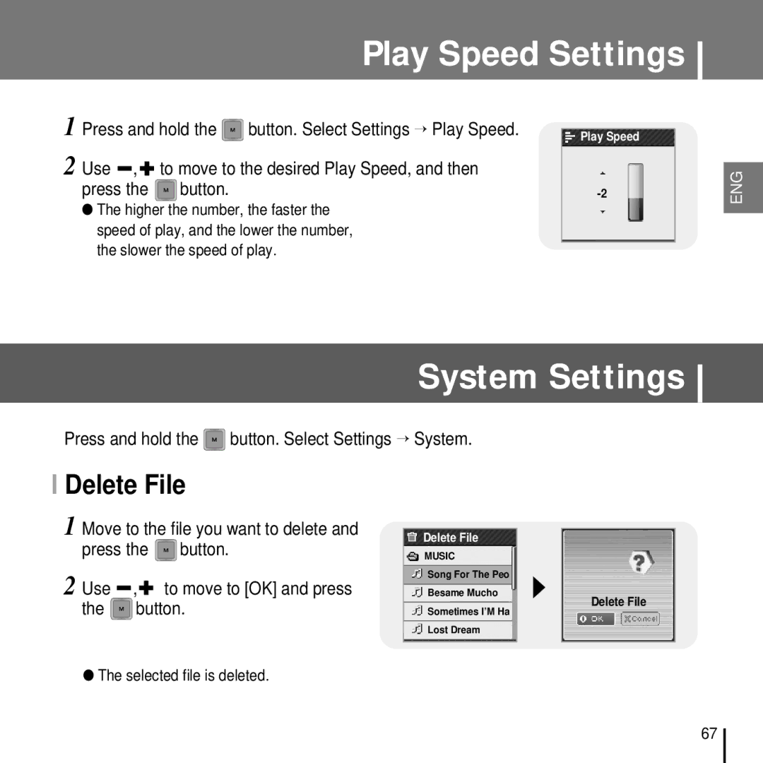 Samsung YP-T7FZS/ELS, YP-T7FQB/XEF, YP-T7FZS/XEF, YP-T7FXB/EDC manual Play Speed Settings, System Settings, Delete File 