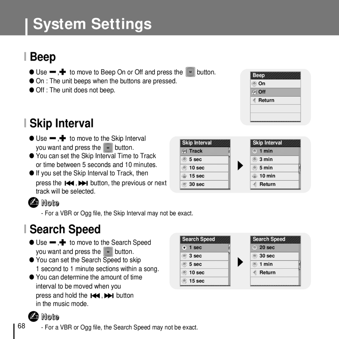 Samsung YP-T7FZB/ELS, YP-T7FQB/XEF, YP-T7FZS/XEF, YP-T7FXB/EDC, YP-T7FZS/EDC, YP-T7FXB/ELS Beep, Skip Interval, Search Speed 