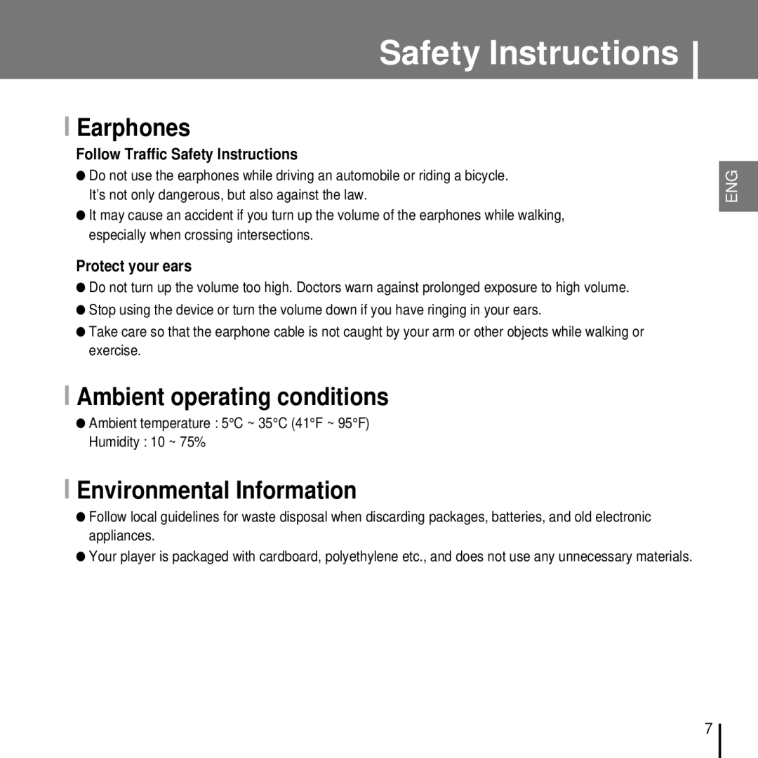 Samsung YP-T7FZS/ELS, YP-T7FQB/XEF, YP-T7FZS/XEF, YP-T7FXB/EDC, YP-T7FZS/EDC, YP-T7FXB/ELS manual Ambient operating conditions 