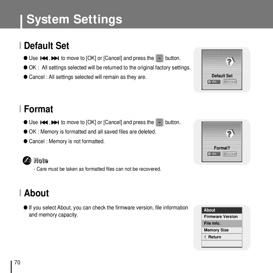 Samsung YP-T7FZS/XET, YP-T7FQB/XEF, YP-T7FZS/XEF, YP-T7FXB/EDC, YP-T7FZS/EDC, YP-T7FXB/ELS manual Default Set, Format, About 