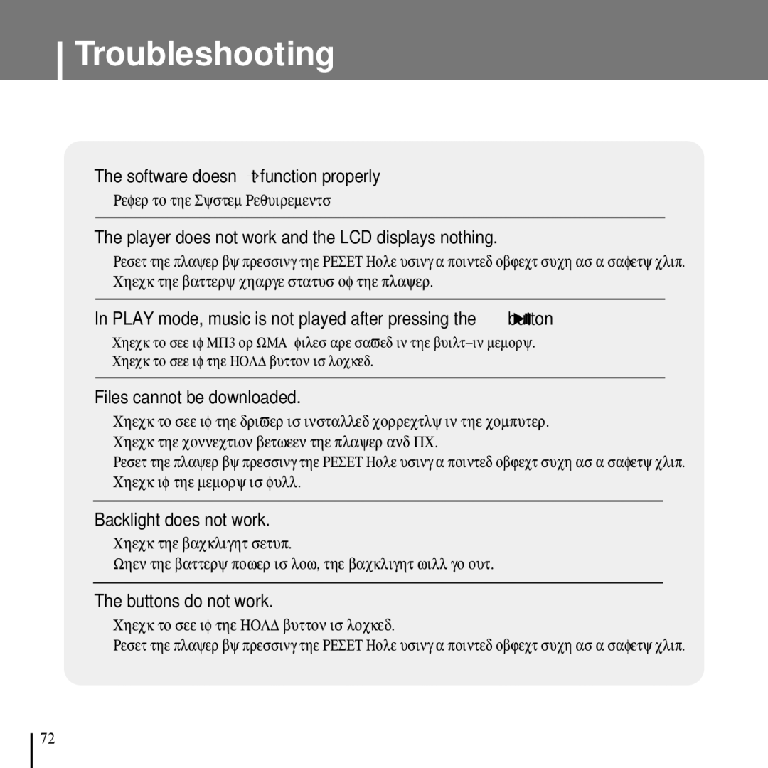 Samsung YP-T7FQB/XEF, YP-T7FZS/XEF, YP-T7FXB/EDC manual Troubleshooting, Player does not work and the LCD displays nothing 