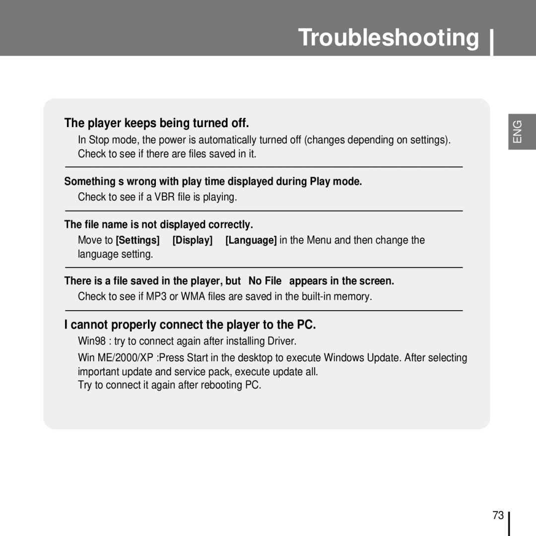 Samsung YP-T7FZS/XEF, YP-T7FQB/XEF, YP-T7FXB/EDC, YP-T7FZS/EDC, YP-T7FXB/ELS, YP-T7FQB/ELS manual Player keeps being turned off 