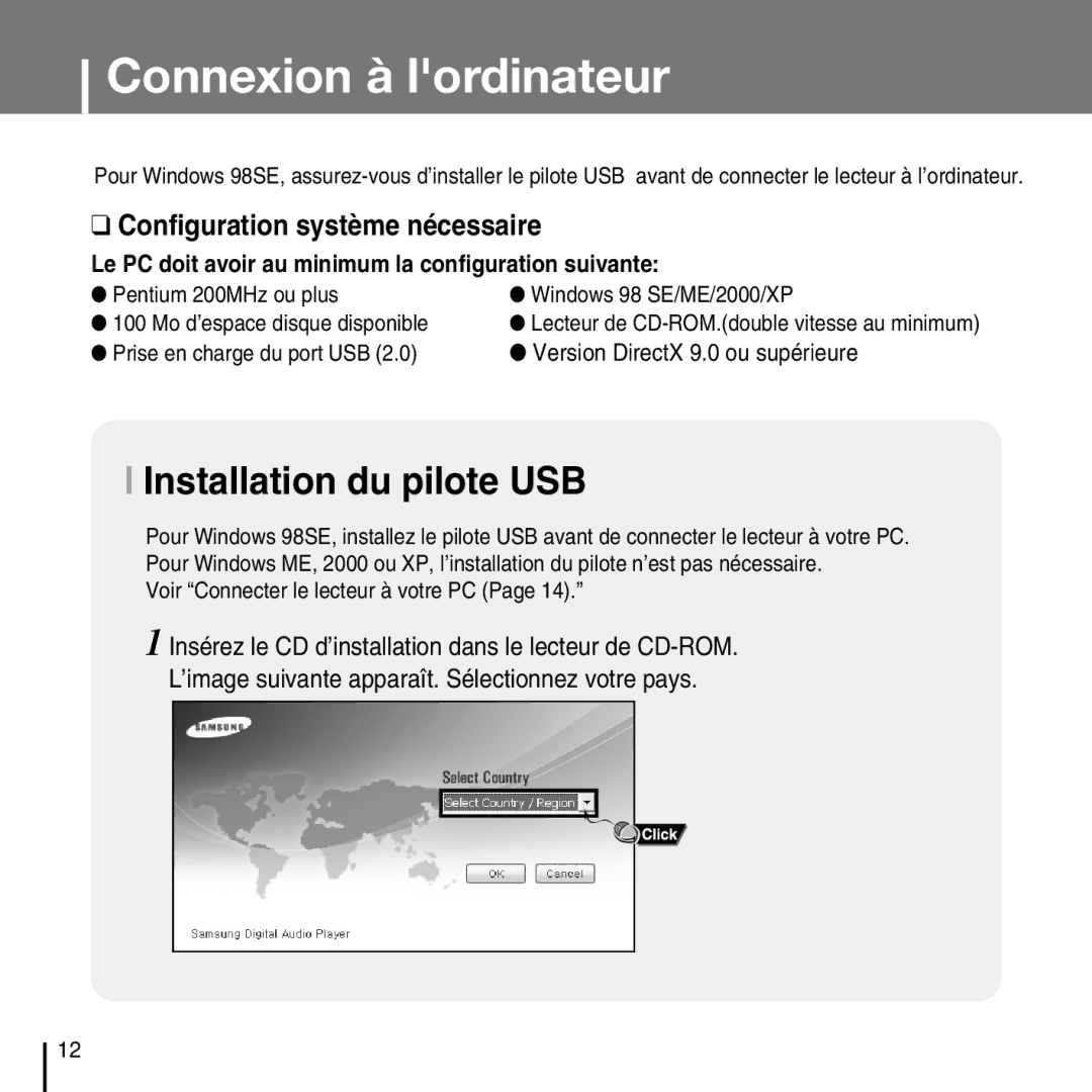 Samsung YP-T7FXB/ELS, YP-T7FQB/XEF manual Connexion à lordinateur, Installation du pilote USB, Prise en charge du port USB 