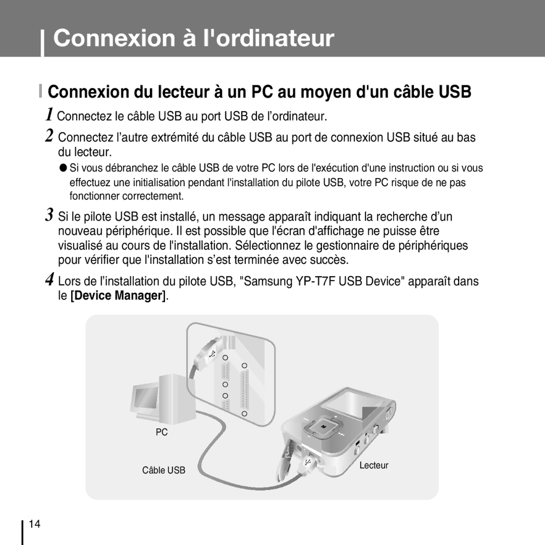 Samsung YP-T7FQB/EDC, YP-T7FQB/XEF, YP-T7FZS/XEF, YP-T7FXB/EDC manual Connexion du lecteur à un PC au moyen dun câble USB 