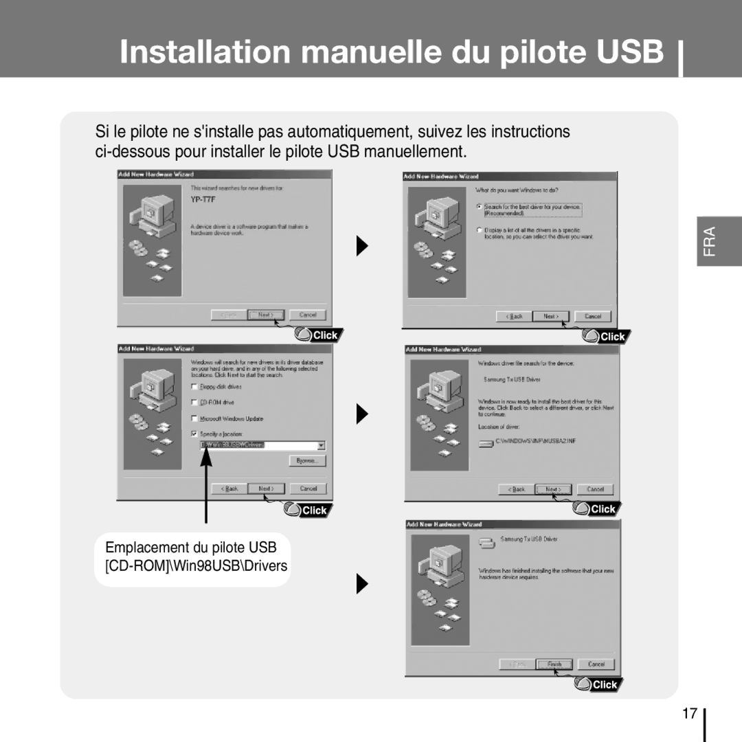 Samsung YP-T7FZS/XEF, YP-T7FQB/XEF, YP-T7FXB/EDC, YP-T7FZS/EDC manual Emplacement du pilote USB CD-ROM\Win98USB\Drivers 