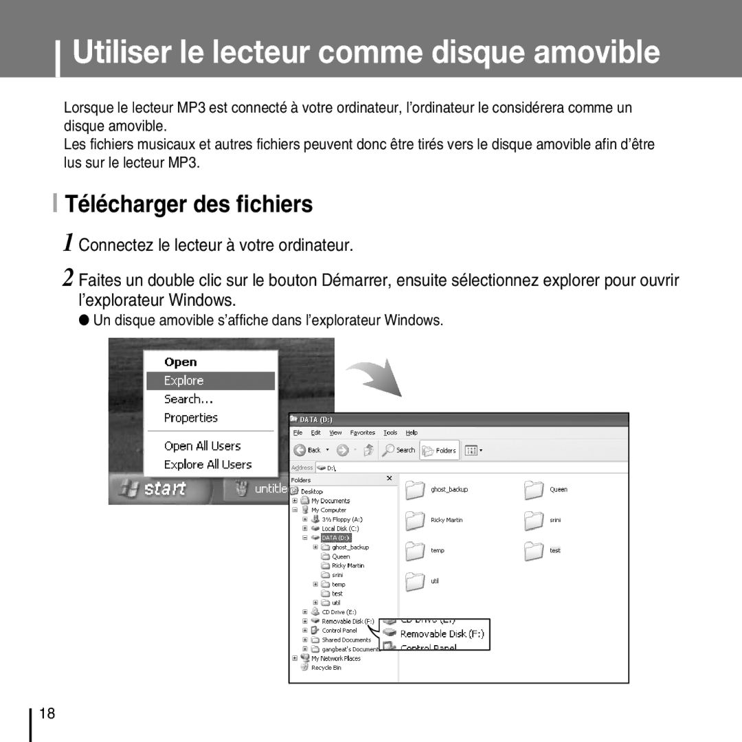 Samsung YP-T7FXB/EDC, YP-T7FQB/XEF, YP-T7FZS/XEF manual Utiliser le lecteur comme disque amovible, Télécharger des fichiers 