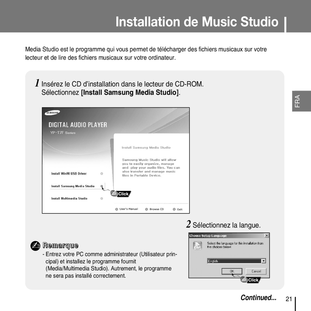 Samsung YP-T7FQB/ELS, YP-T7FQB/XEF, YP-T7FZS/XEF, YP-T7FXB/EDC manual Installation de Music Studio, Sélectionnez la langue 