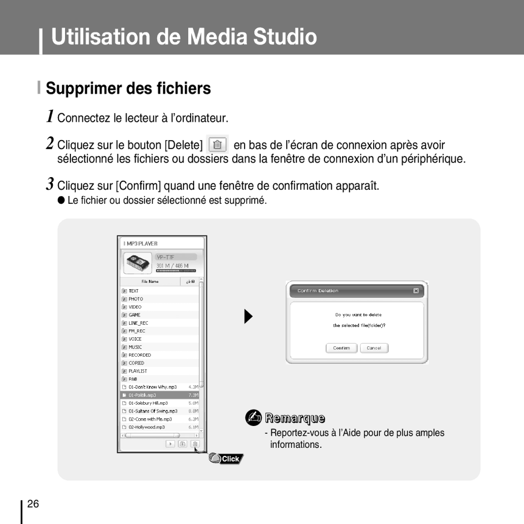 Samsung YP-T7FXB/EDC manual Supprimer des fichiers, Cliquez sur le bouton Delete, Connectez le lecteur à l’ordinateur 