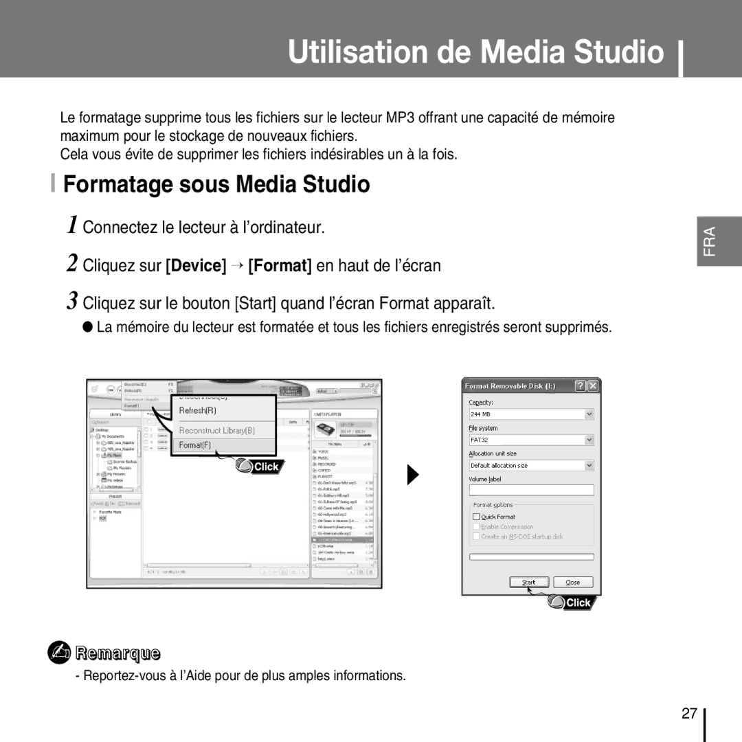 Samsung YP-T7FZS/EDC, YP-T7FQB/XEF, YP-T7FZS/XEF, YP-T7FXB/EDC, YP-T7FXB/ELS, YP-T7FQB/ELS manual Formatage sous Media Studio 