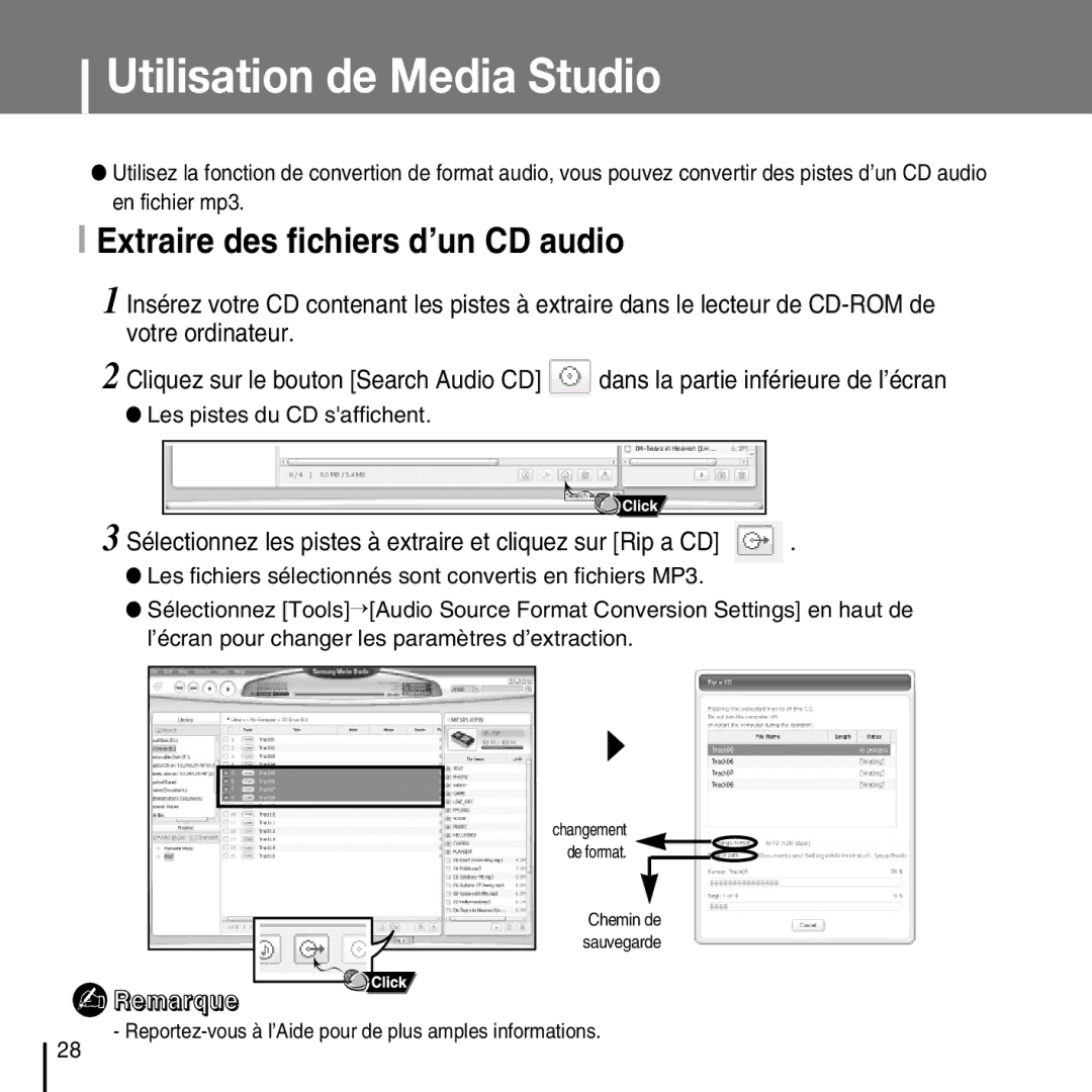 Samsung YP-T7FXB/ELS, YP-T7FQB/XEF, YP-T7FZS/XEF, YP-T7FXB/EDC, YP-T7FZS/EDC, YP-T7FQB/ELS Extraire des fichiers d’un CD audio 