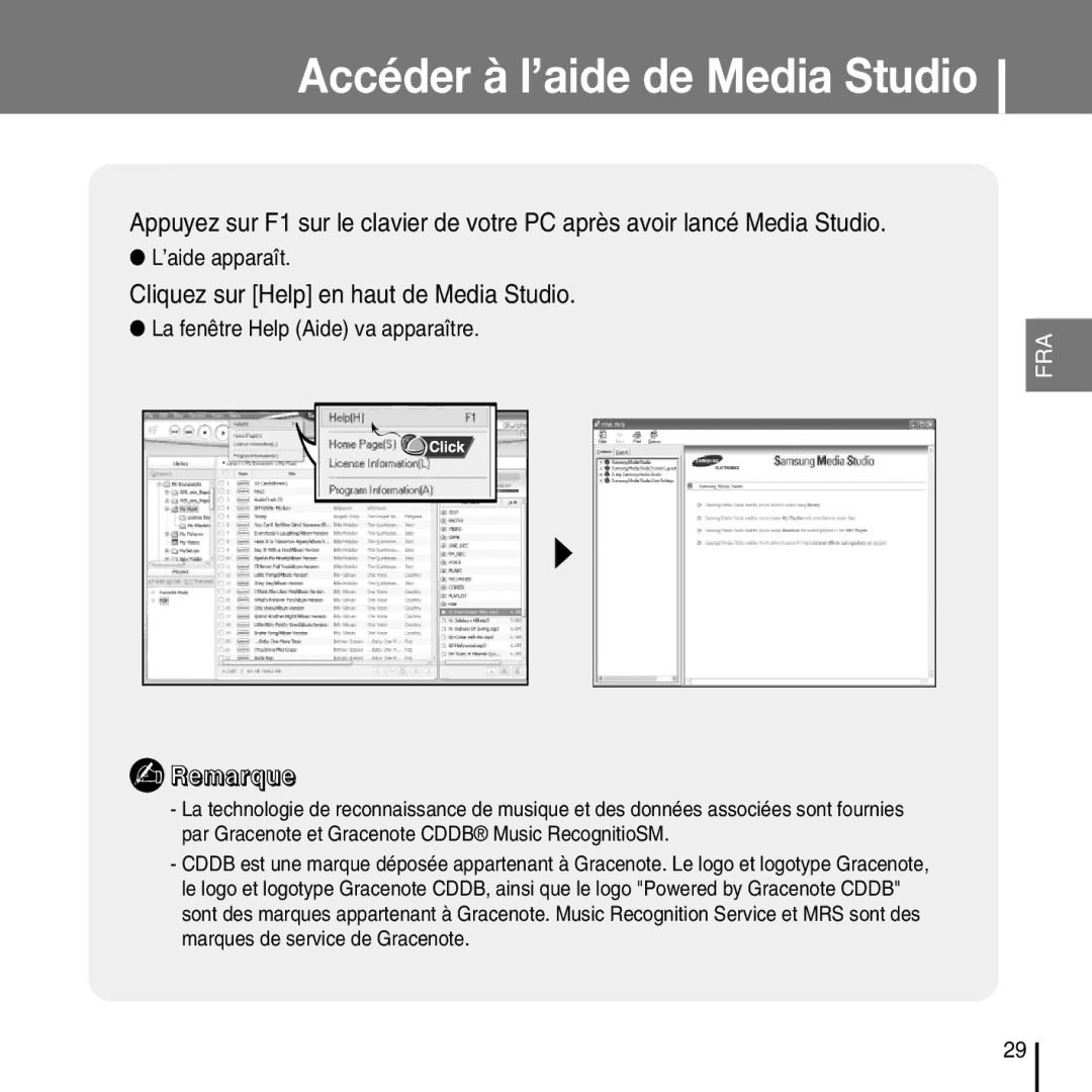 Samsung YP-T7FQB/ELS manual Accéder à l’aide de Media Studio, Cliquez sur Help en haut de Media Studio, ’aide apparaît 