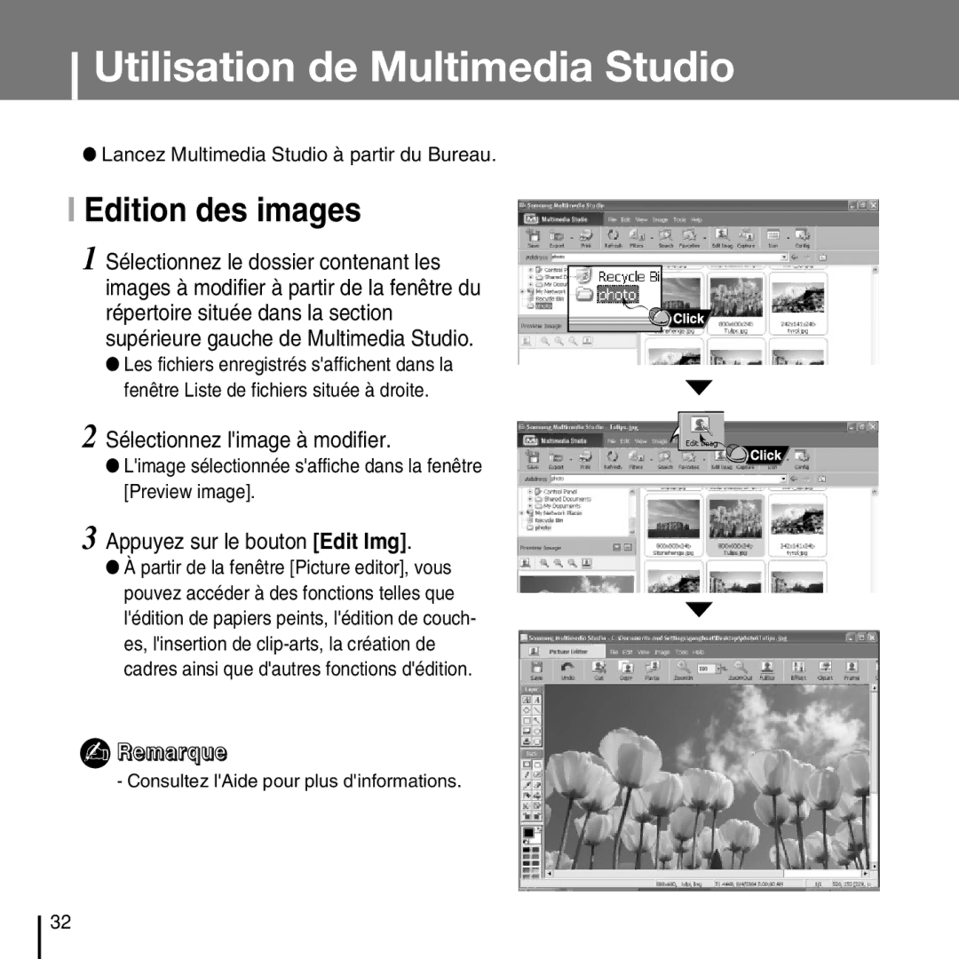 Samsung YP-T7FQB/XEF, YP-T7FZS/XEF Utilisation de Multimedia Studio, Edition des images, Sélectionnez limage à modifier 