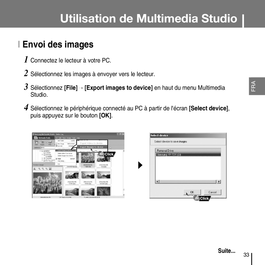 Samsung YP-T7FZS/XEF, YP-T7FQB/XEF, YP-T7FXB/EDC, YP-T7FZS/EDC, YP-T7FXB/ELS, YP-T7FQB/ELS, YP-T7FQB/EDC manual Envoi des images 