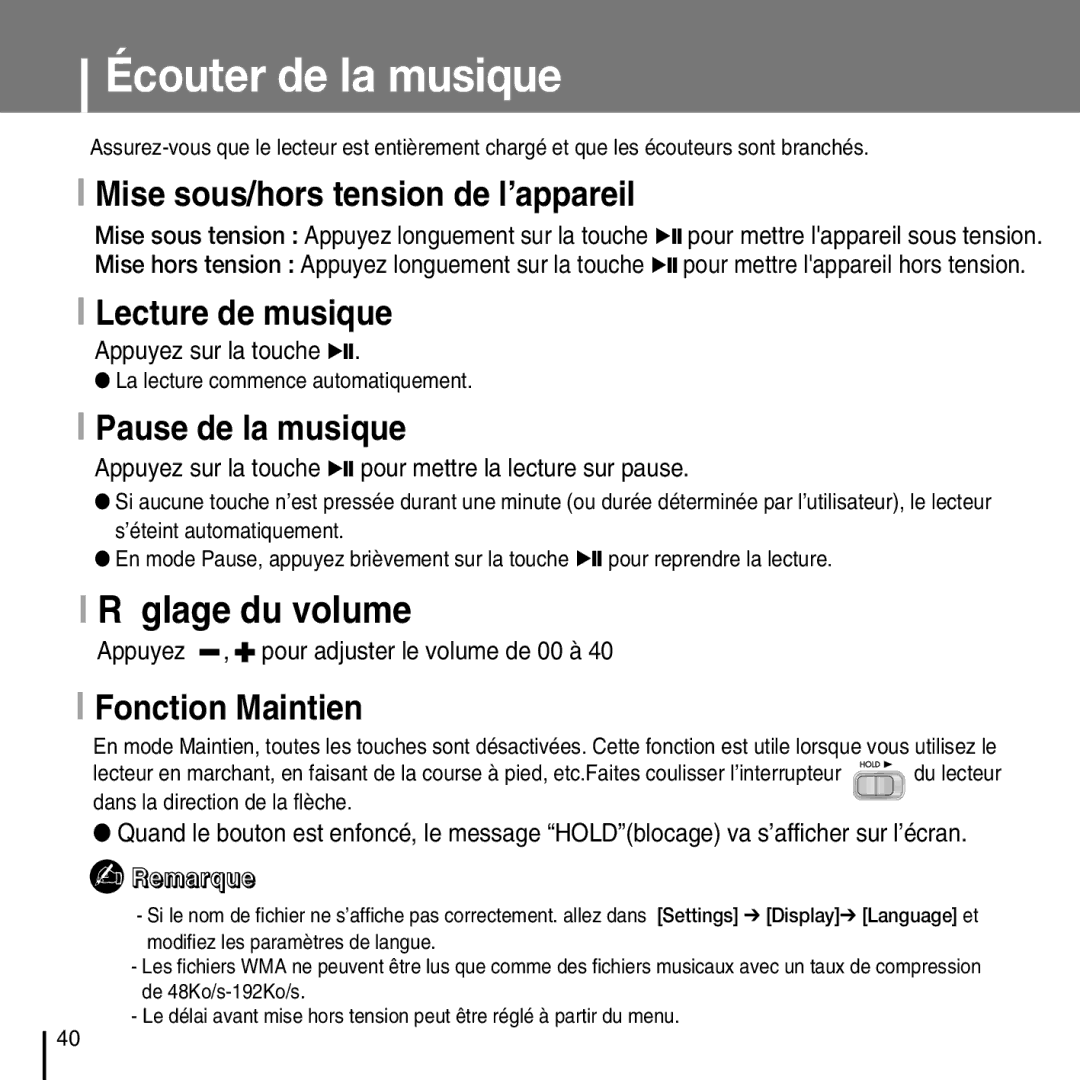 Samsung YP-T7FQB/XEF, YP-T7FZS/XEF, YP-T7FXB/EDC, YP-T7FZS/EDC, YP-T7FXB/ELS manual Écouter de la musique, Réglage du volume 