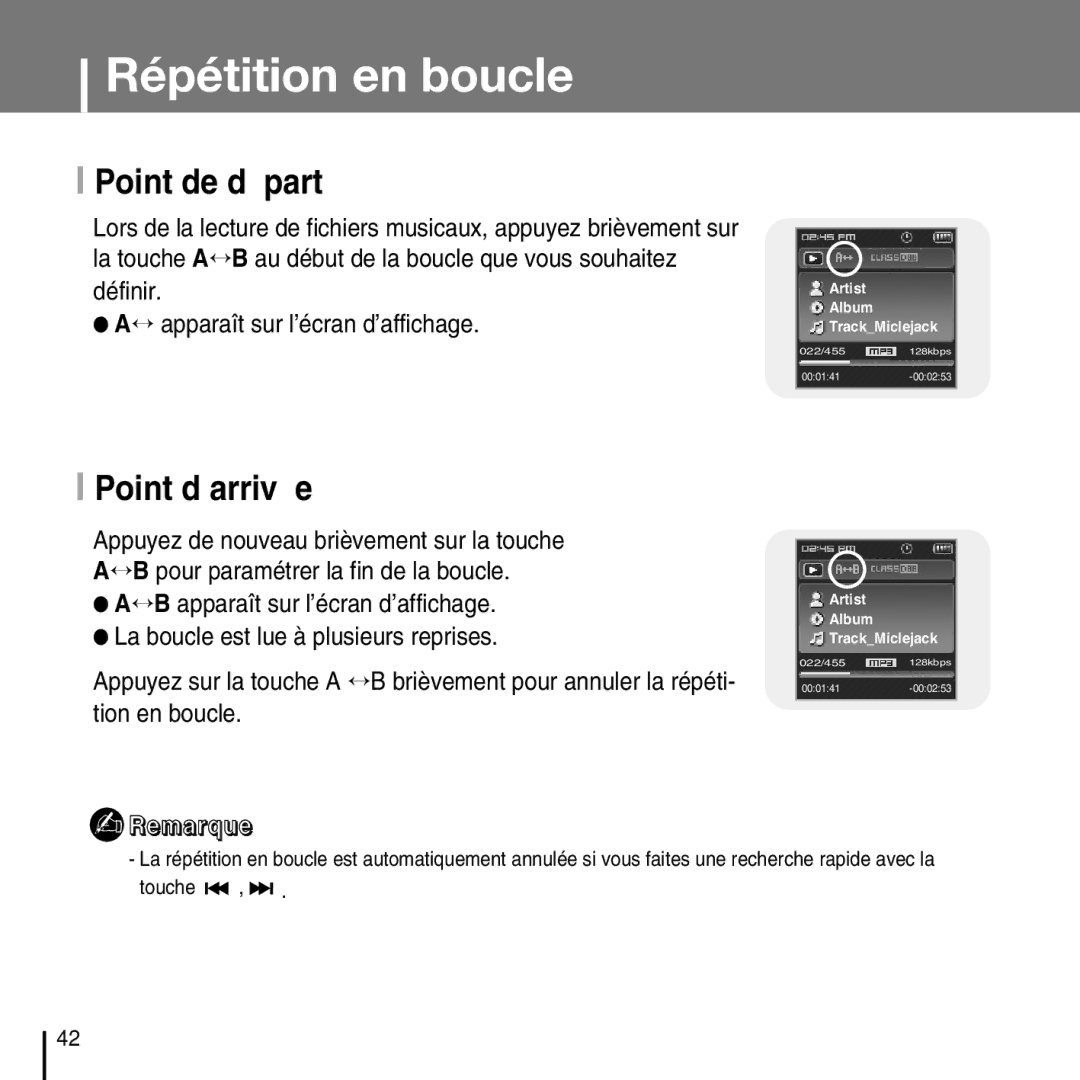 Samsung YP-T7FXB/EDC, YP-T7FQB/XEF, YP-T7FZS/XEF manual Répétition en boucle, Point de départ, Point d’arrivée, Touche 