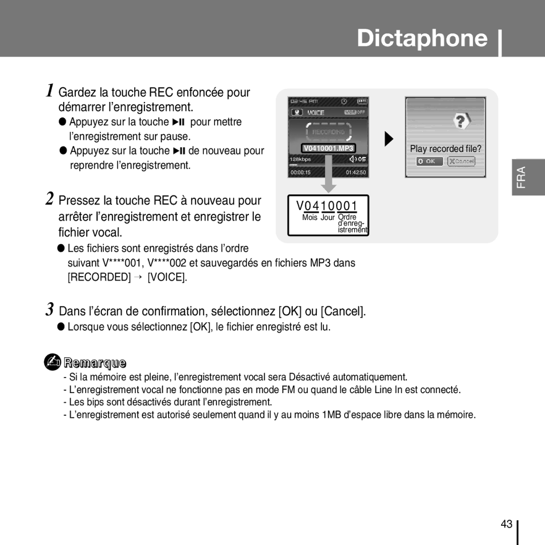 Samsung YP-T7FZS/EDC manual Dictaphone, V0410001, Fichier vocal, Dans l’écran de confirmation, sélectionnez OK ou Cancel 