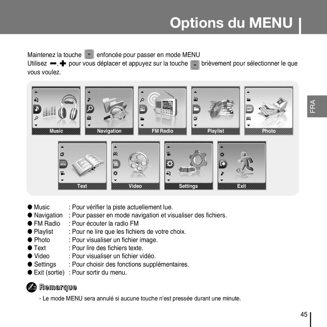 Samsung YP-T7FQB/ELS, YP-T7FQB/XEF, YP-T7FZS/XEF Options du Menu, Music Pour vérifier la piste actuellement lue Navigation 