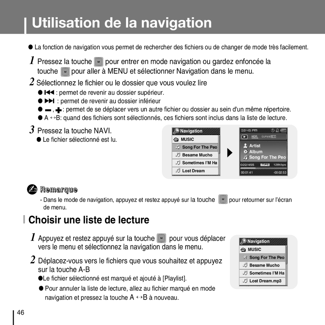 Samsung YP-T7FQB/EDC, YP-T7FQB/XEF manual Utilisation de la navigation, Choisir une liste de lecture, Pressez la touche Navi 