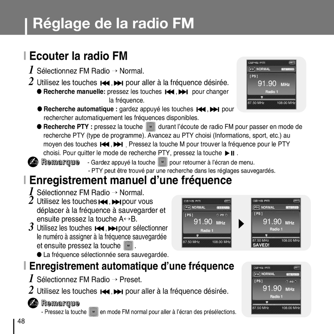 Samsung YP-T7FQB/XEF manual Ecouter la radio FM, Enregistrement manuel d’une fréquence, Sélectionnez FM Radio → Normal 